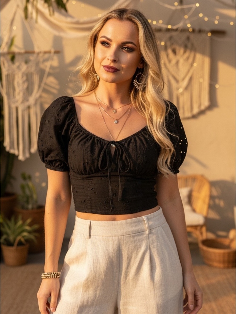 Medium Haute Monde Black Puff Sleeve Tie-Front Crop Top